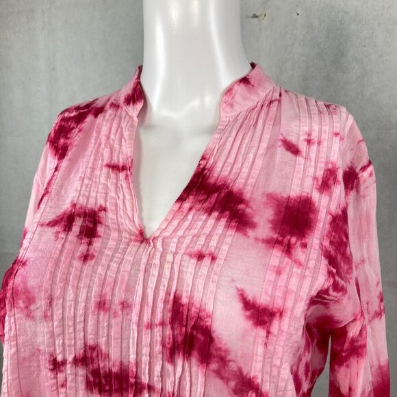 Michael Kors Shirt Women Sz XS Pink Tie Dye Pleated V-Neck Tunic Top Cotton - Picture 4 of 8